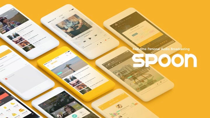 The word "Spoon" in white text in front of an array of mobile phones and an orange background