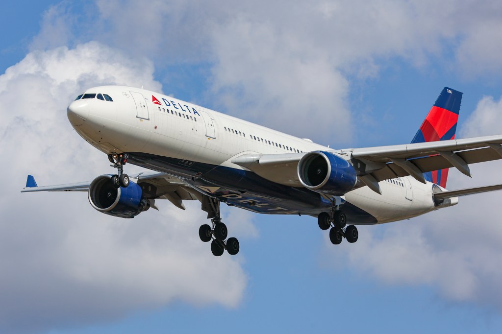 Delta Air Lines Airbus A330 landing at London Heathrow Airport.