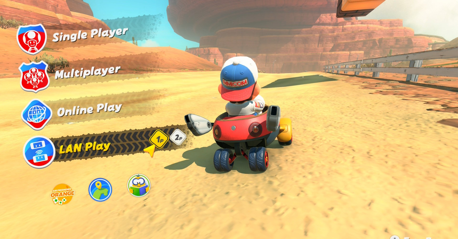 A picture of Mario in Mario Kart World using LAN Mode. 
