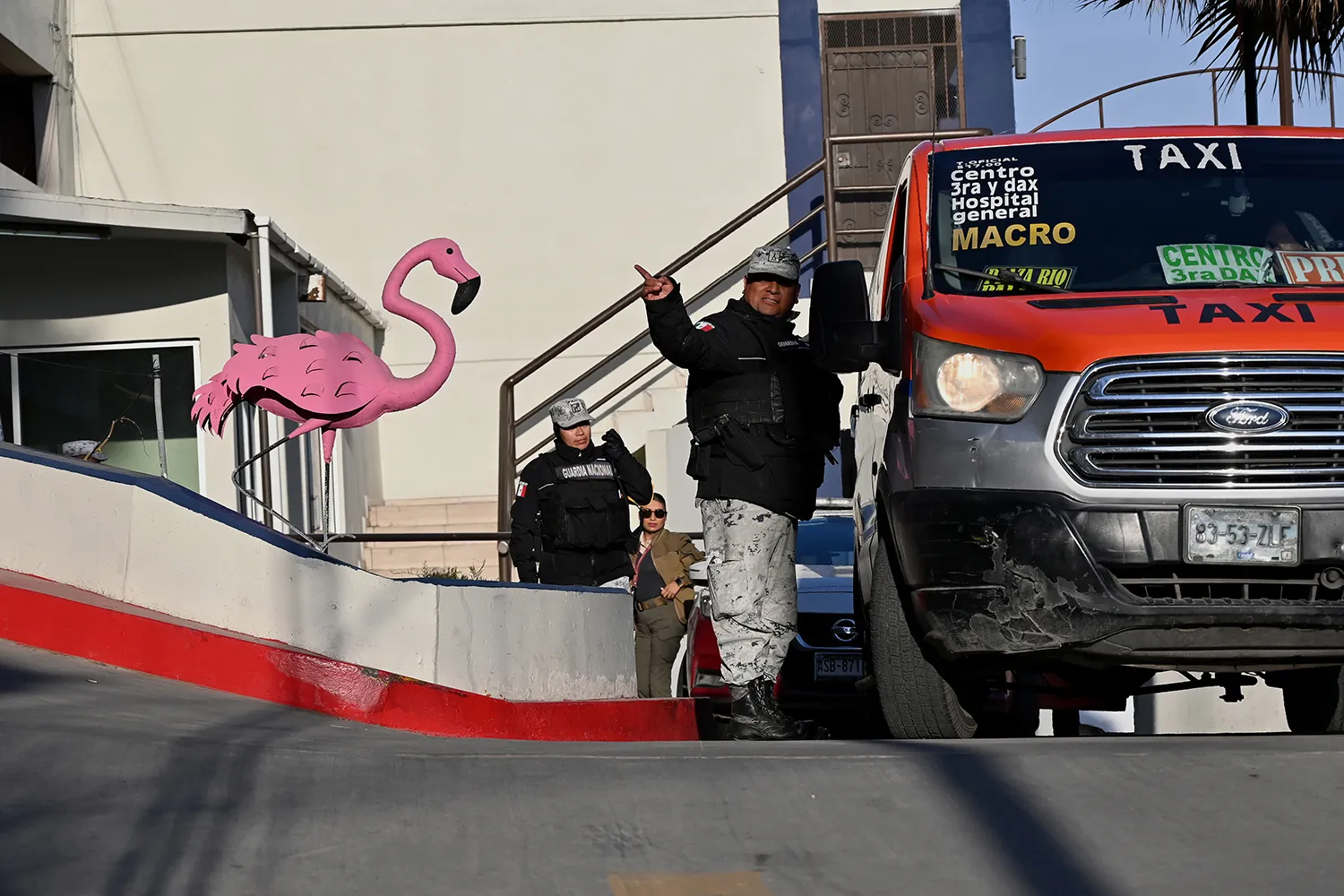 A man gestures to a taxi van in front of a pink flamingo decoration.