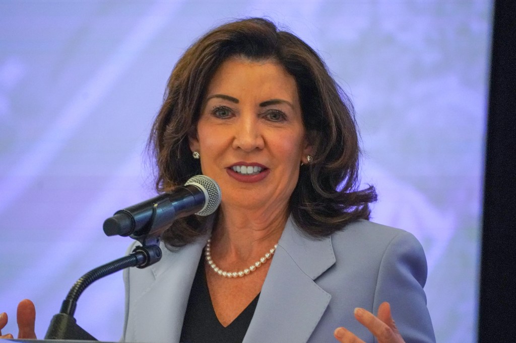 Governor Kathy Hochul speaking at a press conference.