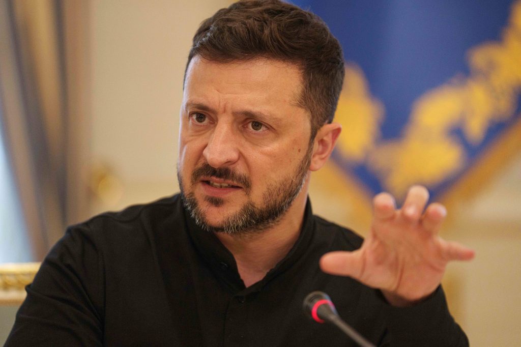 Volodymyr Zelenskyy speaking at a press conference.