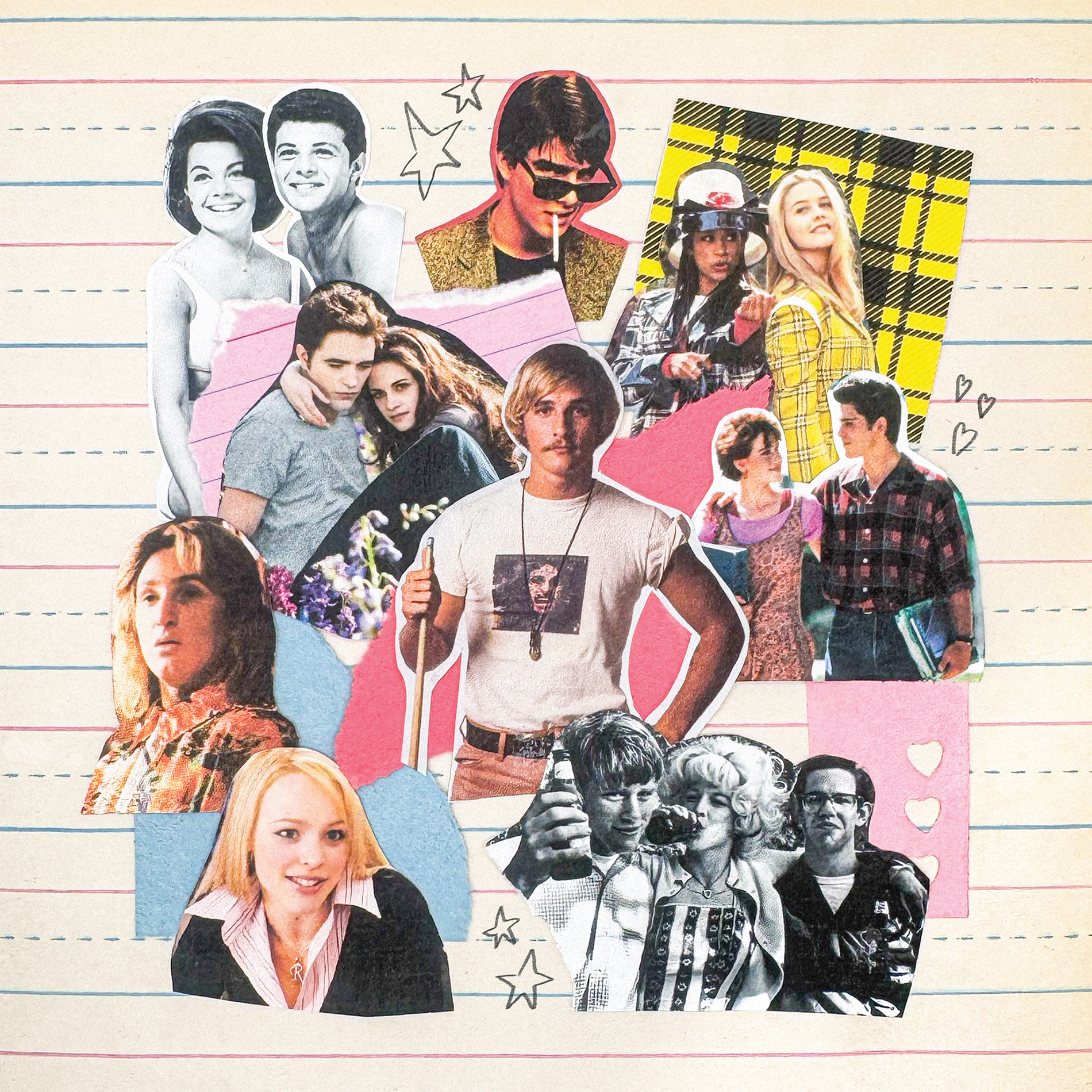 Graphic-illustration with cut-out photos of teen-movie characters collaged on notebook paper.