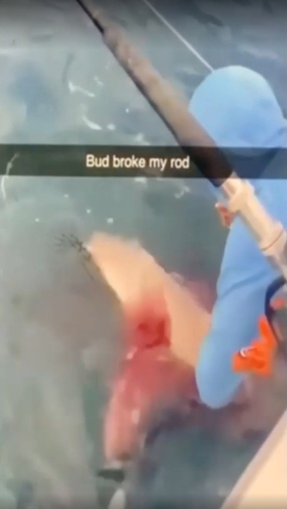 Screenshot of a broken fishing rod in the water with a person holding a large fish.