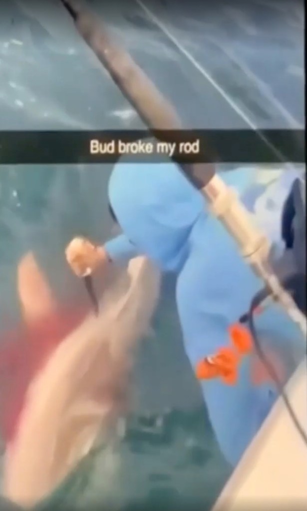 Screenshot of a person reeling in a large fish while another person holds the broken fishing rod.