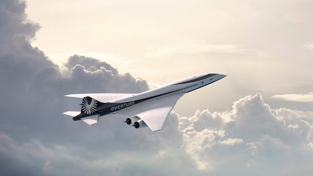 Illustration of the Boom Supersonic Overture aircraft in flight.