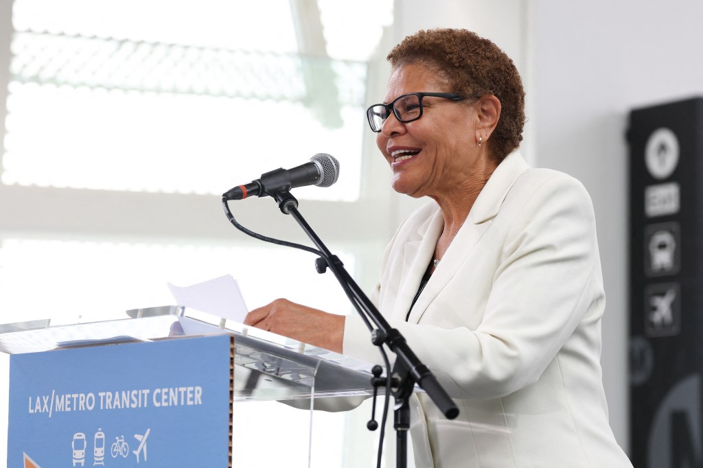 Mayor Karen Bass speaking at the LAX/Metro Transit Center opening.