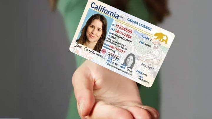 Hand holding a California REAL ID driver's license.
