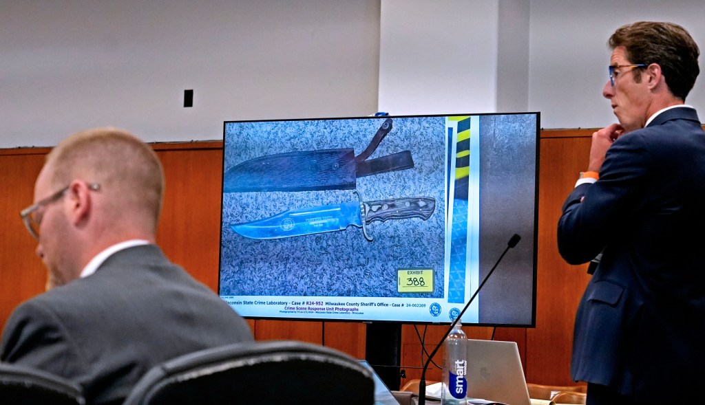 Knife displayed on a courtroom monitor.