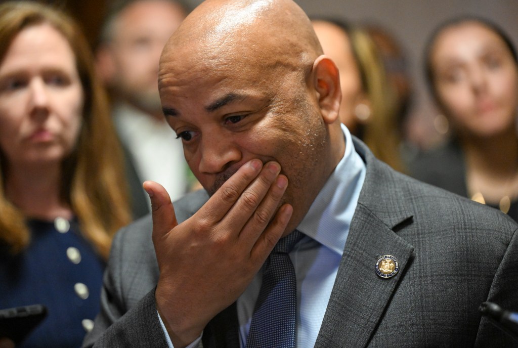 New York Assembly Speaker Carl Heastie speaking to reporters.