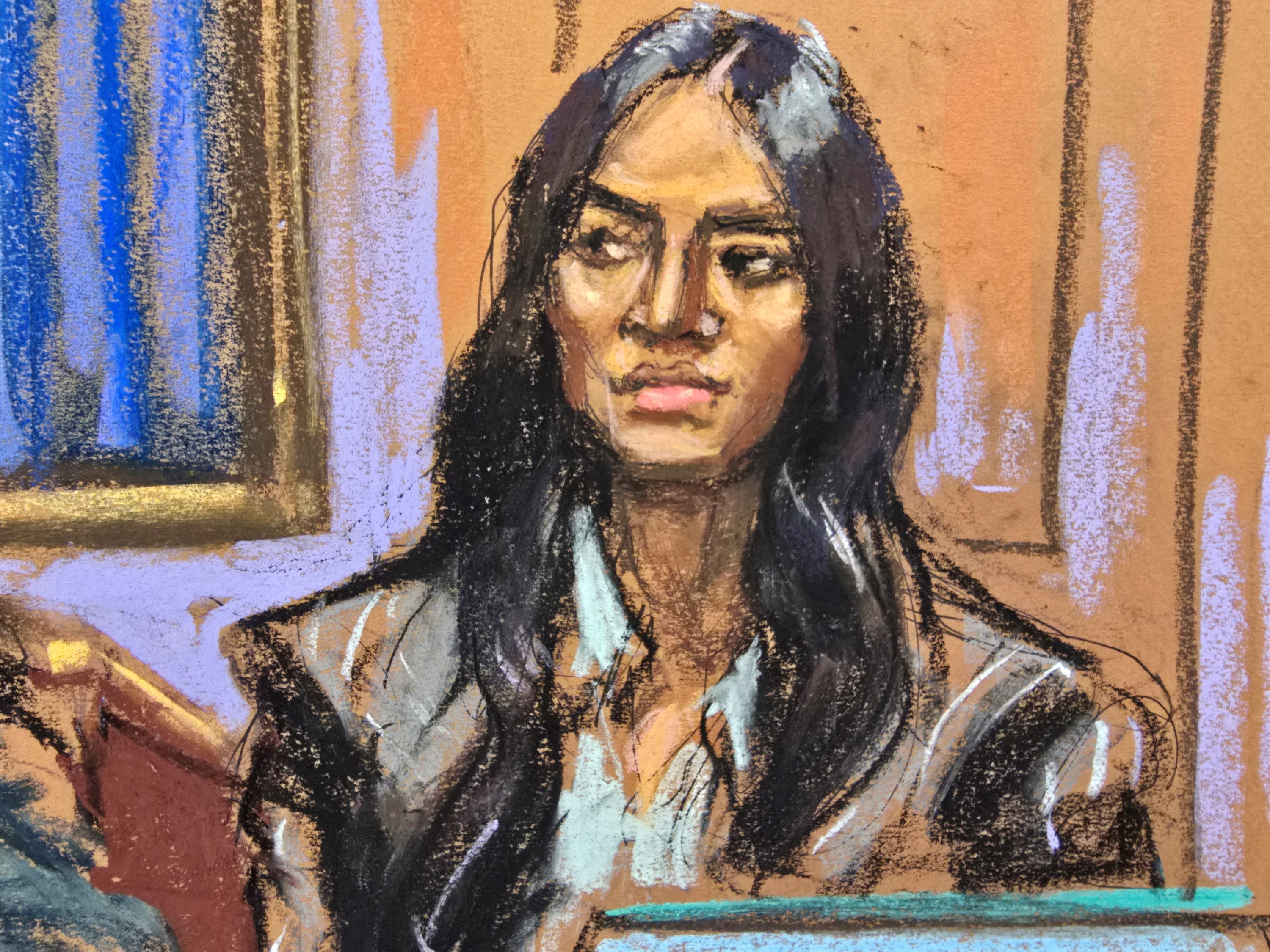 This courtroom sketch shows R&B artist Cassie Ventura testifying at the Sean "Diddy" Combs sex-trafficking trial in Manhattan.