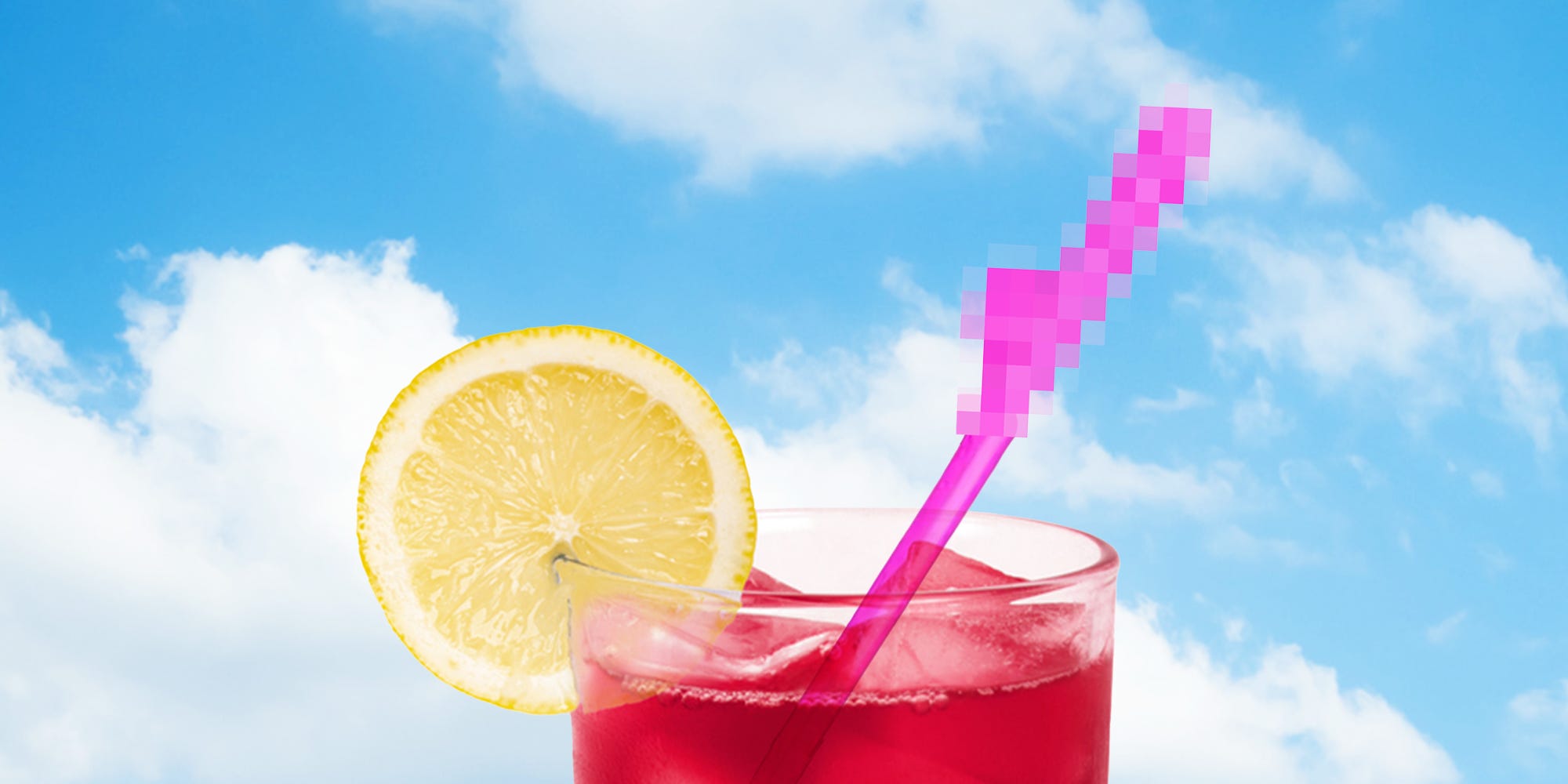 A censored straw coming out of a glass.