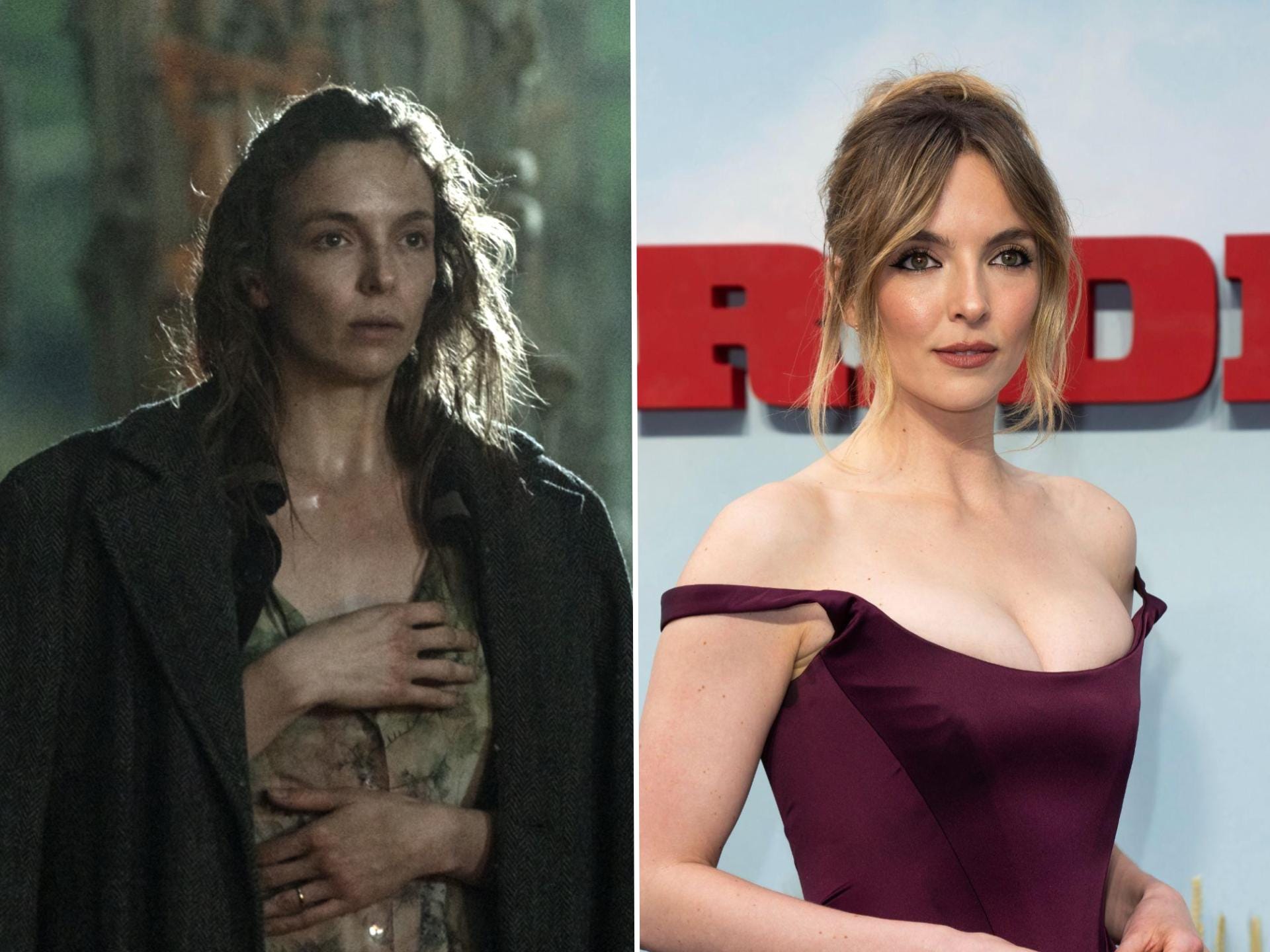 A split image of a woman wearing two different outfits. On the left, she has messy brown hair and looks gaunt while wearing a dirty white floral dress with a large overcoat around her shoulders. She has a wedding ring on her left hand and is holding her chest. On the right, she is wearing a purple dress with a curved neckline and straps around her shoulders. She has her brown and blond hair in an up-do, with strands around her face.