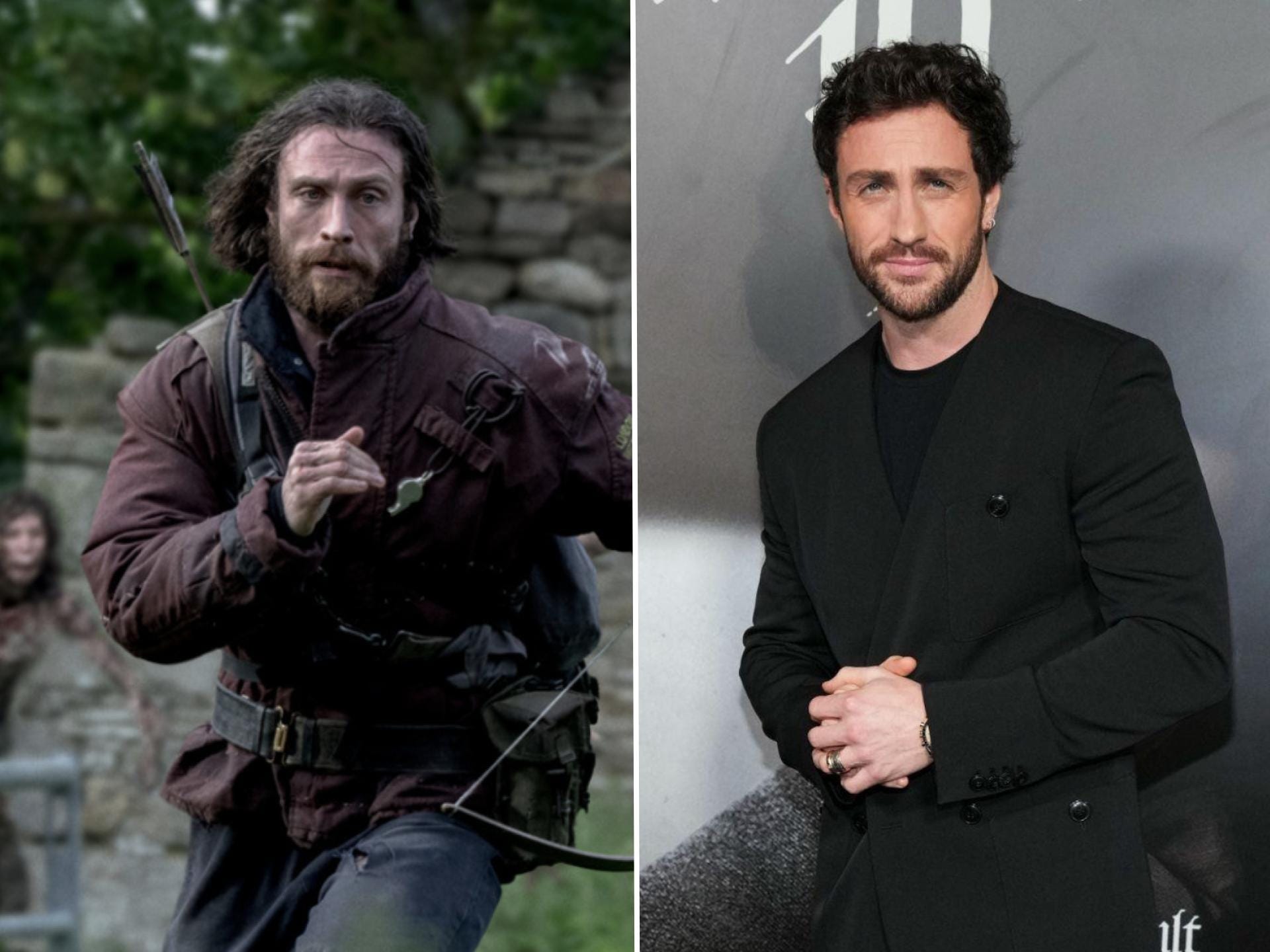A split image of a man wearing two different outfits. On the left, he's running away from monsters and has long, wet, brown hair and a long beard. He's wearing a maroon coat with a whistle attached to the front and a belt around his waist that has a satchel attached to it. On the right, he's got short-styled hair and a neat beard. He's wearing a black blazer that doesn't have lapels, and he has his hands clasped together. He has a small silver earring on his left ear.