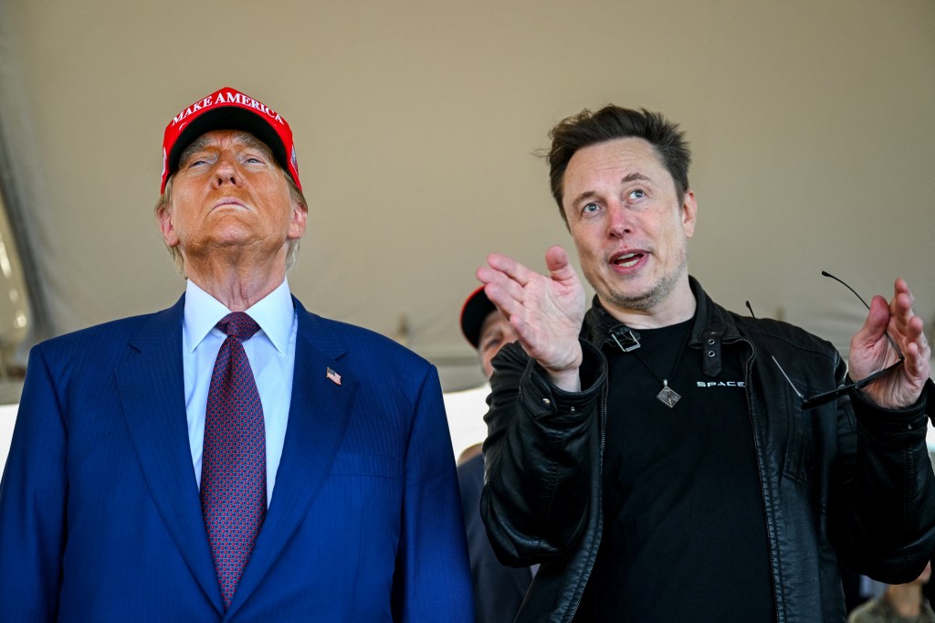 Donald Trump and Elon Musk watching a SpaceX Starship launch.