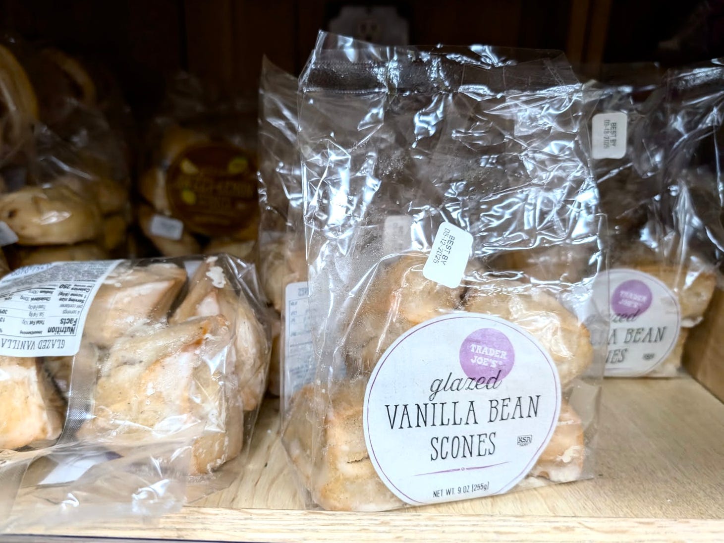 Packages of glazed vanilla-bean scones on the shelf at Trader Joe's.