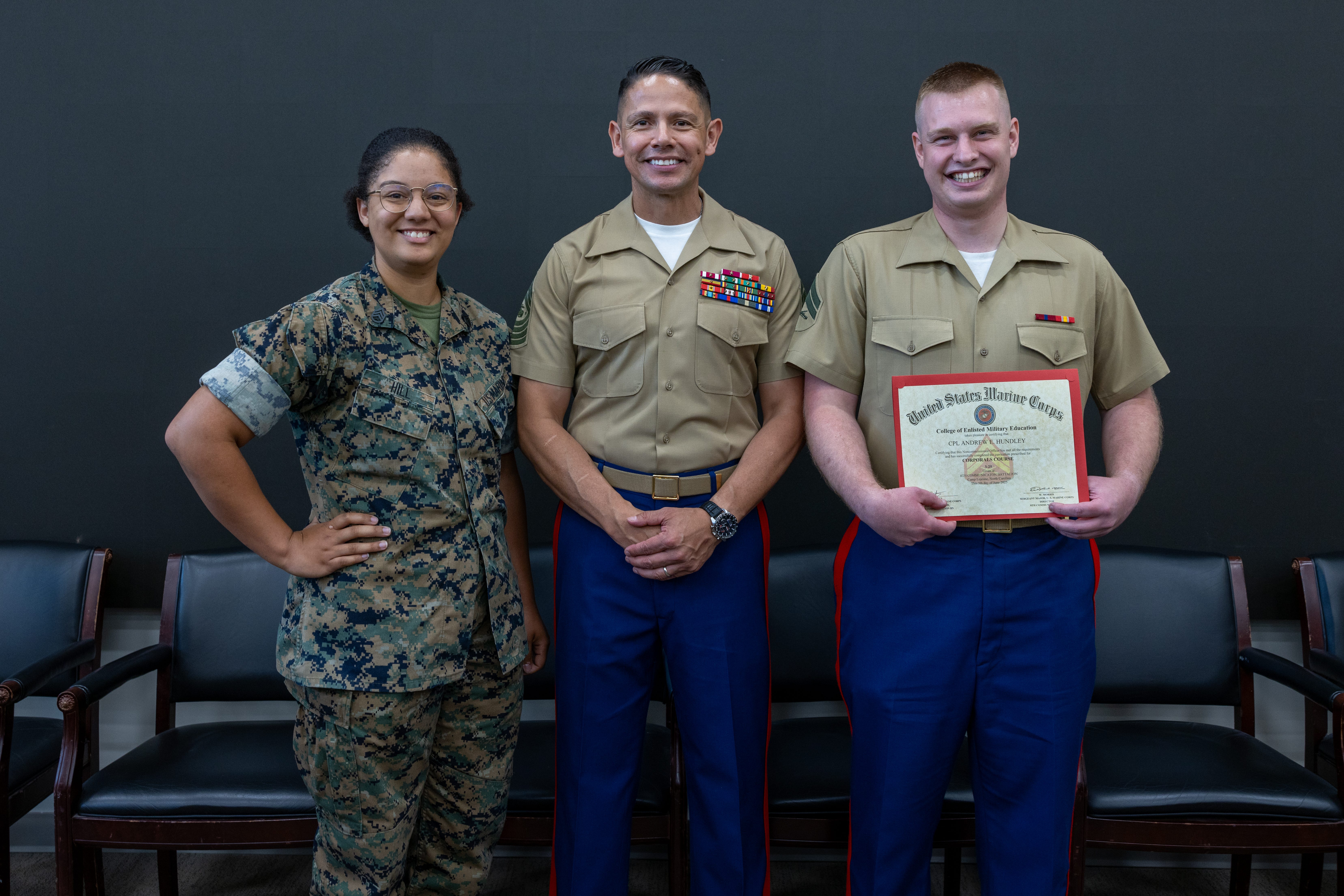 Hundley managed to snag a photo with the Sgt. Maj. after receiving his course graduation certificate at Camp Johnson, NC, June 5, 2025.