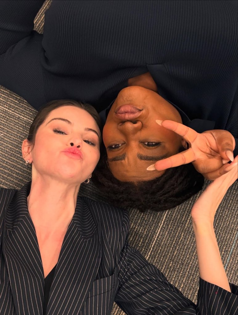 Da’Vine Joy Randolph (left) and Selena Gomez goof around between takes on Season 5 of “Only Murders in the Building.”