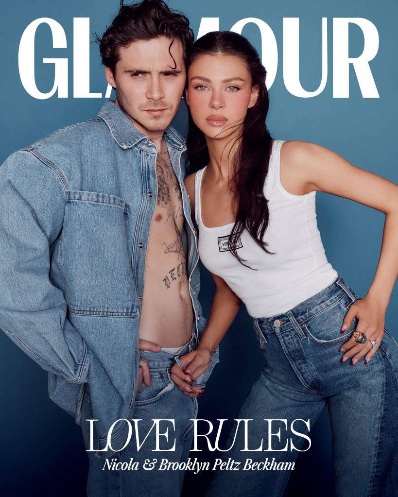 Brooklyn Beckham in a denimi jacket and jeans, Nicola in a white vest top and jeans.