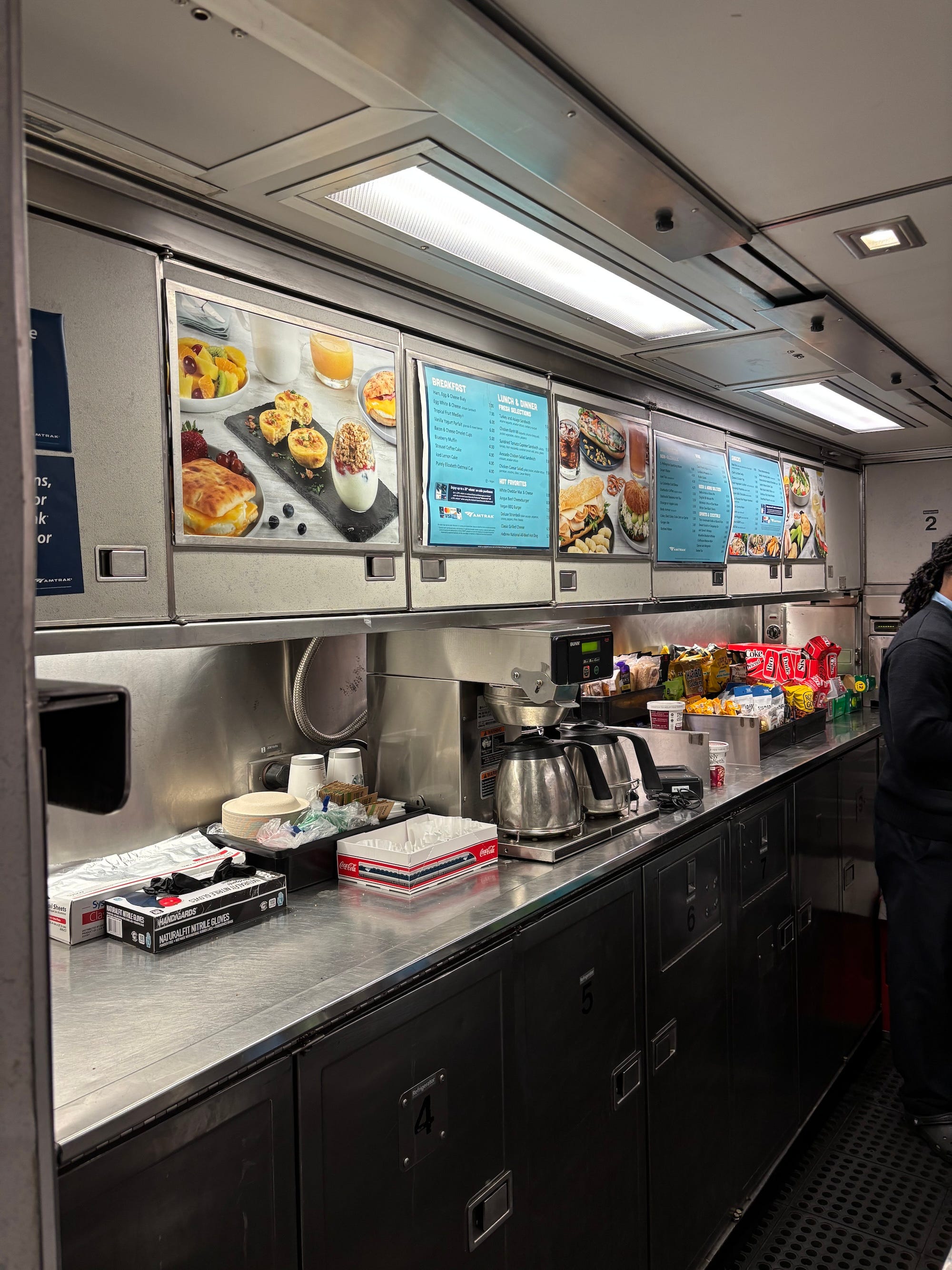 The café cart on an Amtrak train.