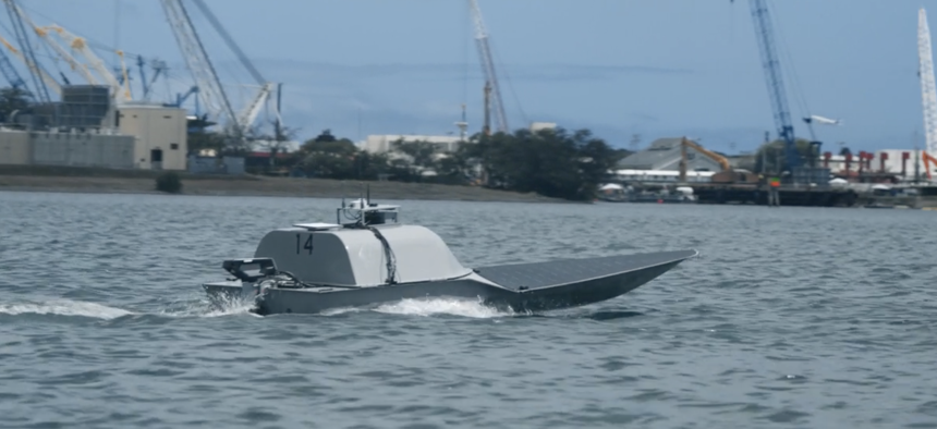 A HavocAI unmanned vessel operates in Pearl Harbor, Hawaii, during Project Convergence 2025. 