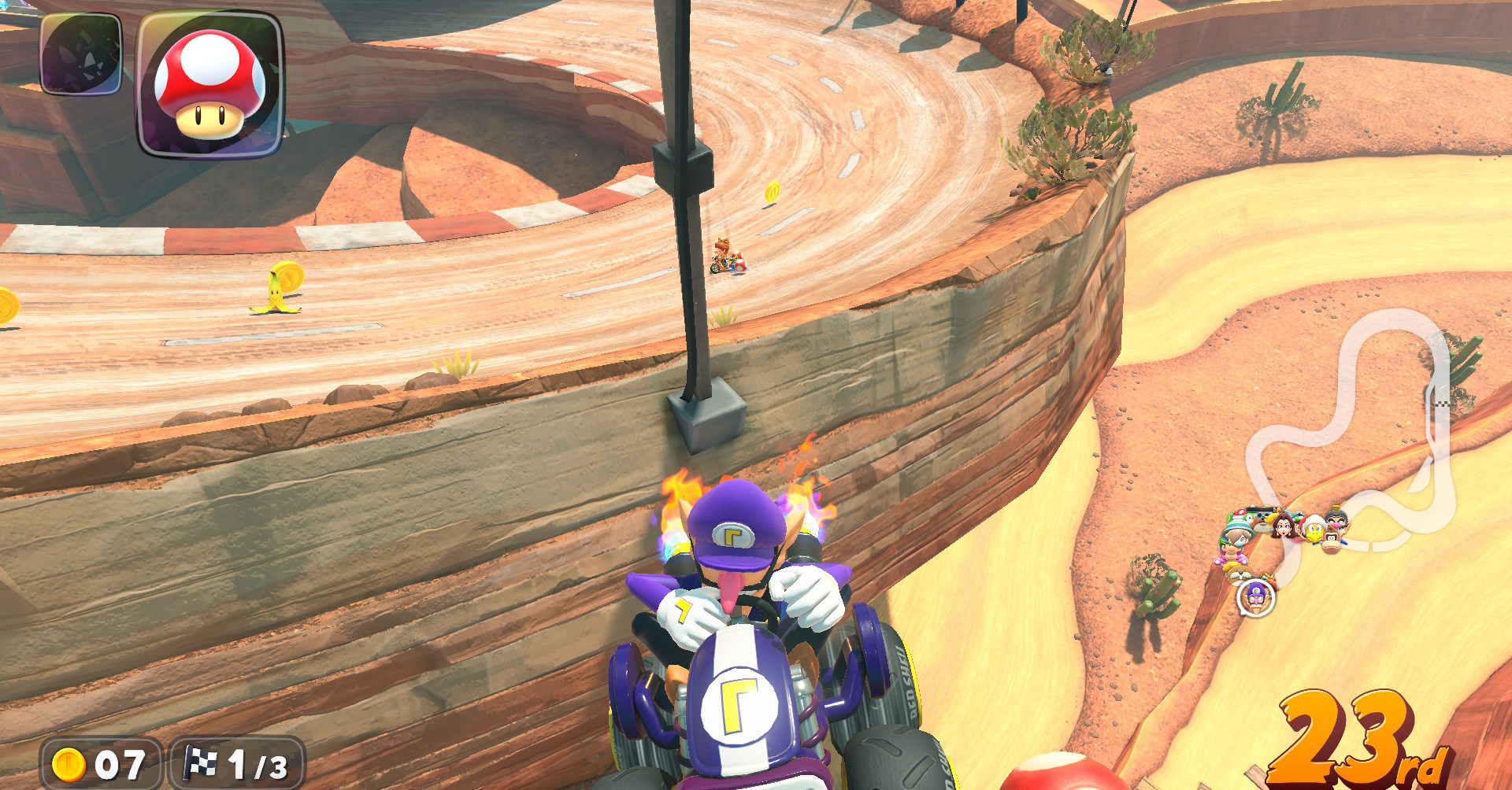 Waluigi driving off the edge of a cliff in Mario Kart World