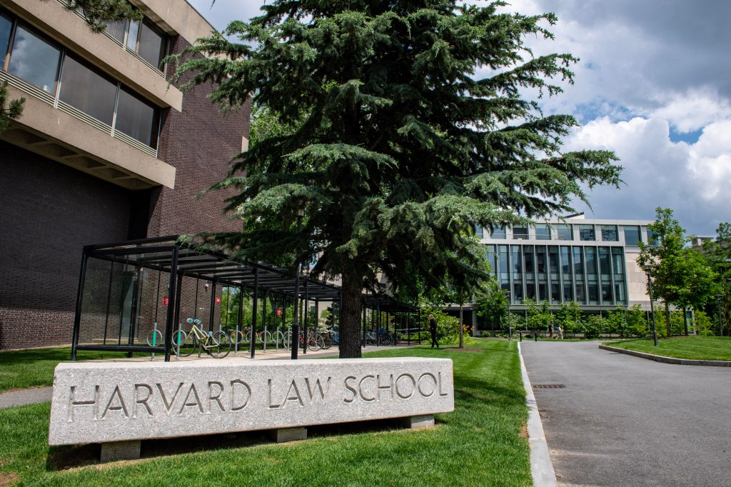 The entrance to Harvard Law School in Cambridge, Massachusetts, on June 29, 2023. 