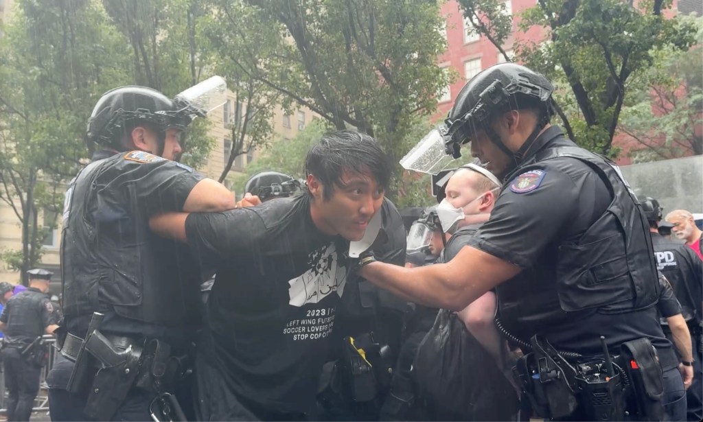 close up image of one man who was arrested at the protest in front of 26 Federal Plaza on Saturday, June 7, 2025