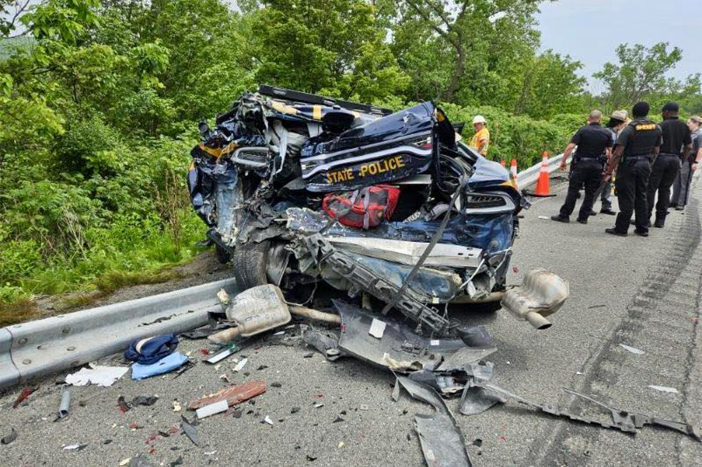 The collision obliterated the New York State Police cruiser Friday afternoon. 