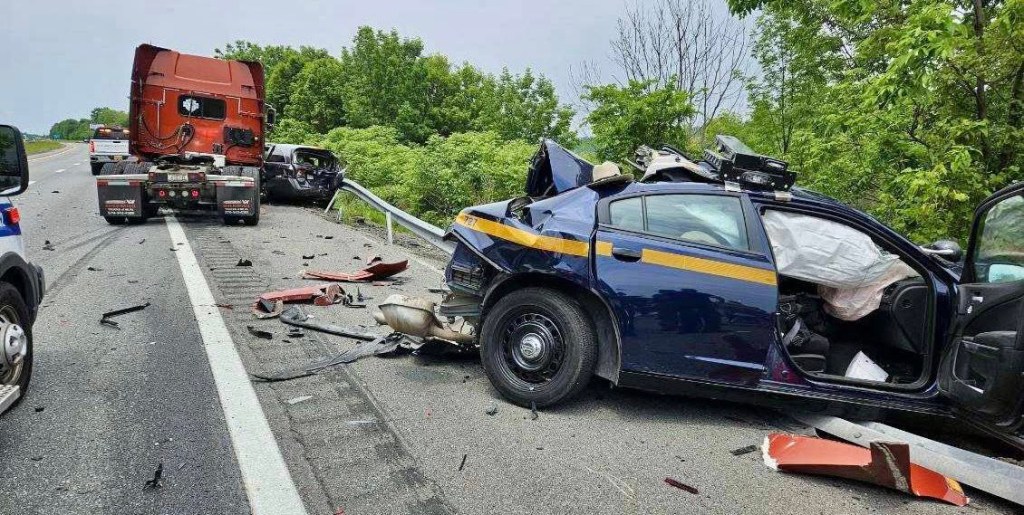 The trooper was sent to the hospital with severe but non-life-threatening injuries. 