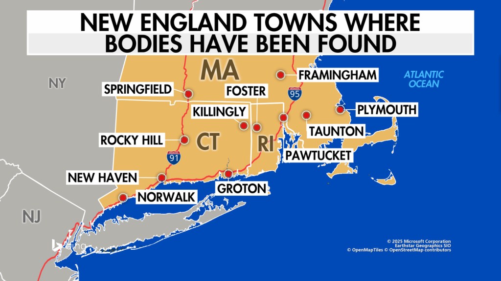 Map of New England showing towns where bodies have been found.