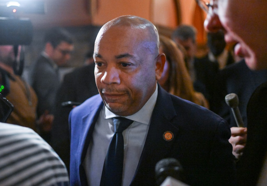 Assembly Speaker Carl Heastie speaking to reporters.