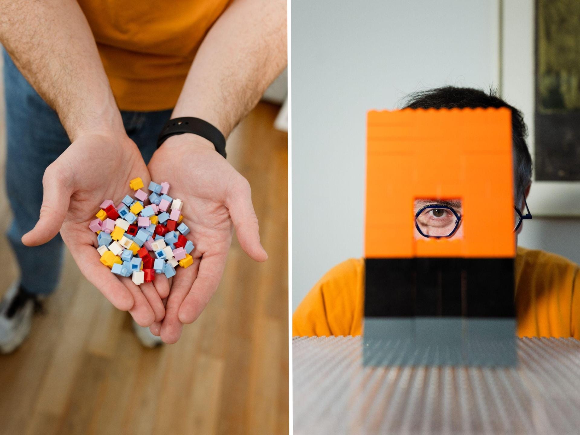On the left, Albert's hand shows Lego blocks, and on the right, Albert looks through a Lego piece