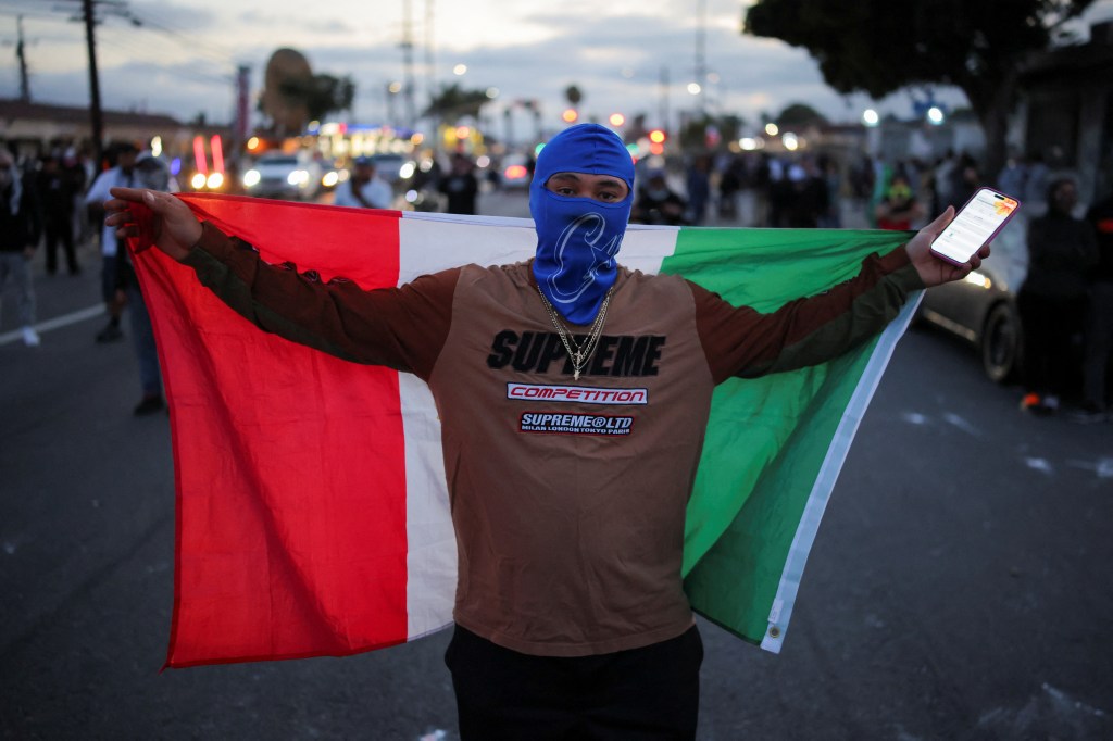  masked protester holds a Mexican flag in the middle of the street in Los Angeles County.