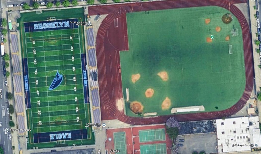 Coaches believe ex-Chancellor David Banks pulled strings to give Eagle Academy in Brooklyn the $4 million refurbished football field. field is seen here from above
