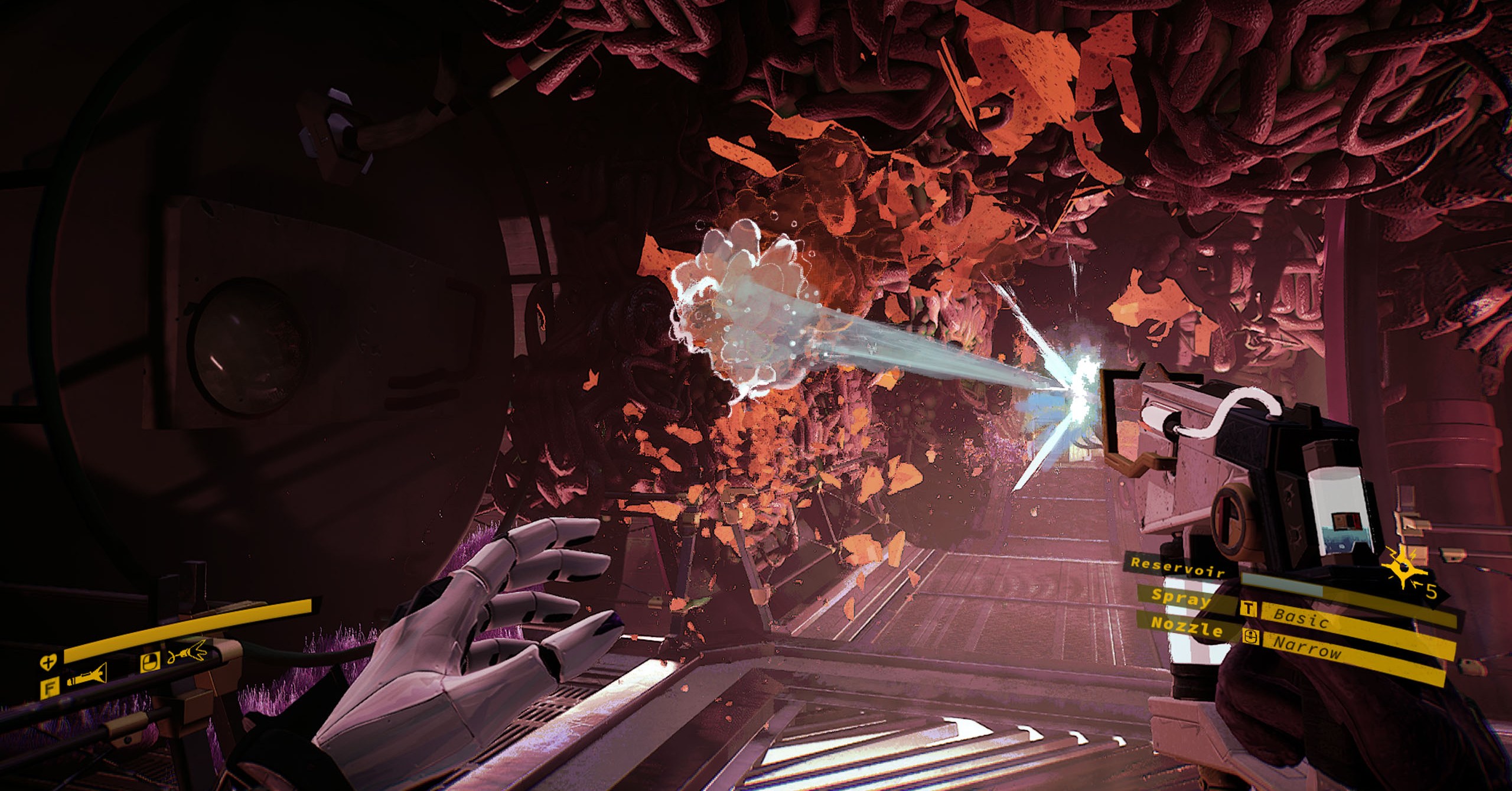 The protagonist of Ambrosia Sky shoots her water gun at a bunch of fungus on the wall of a space station