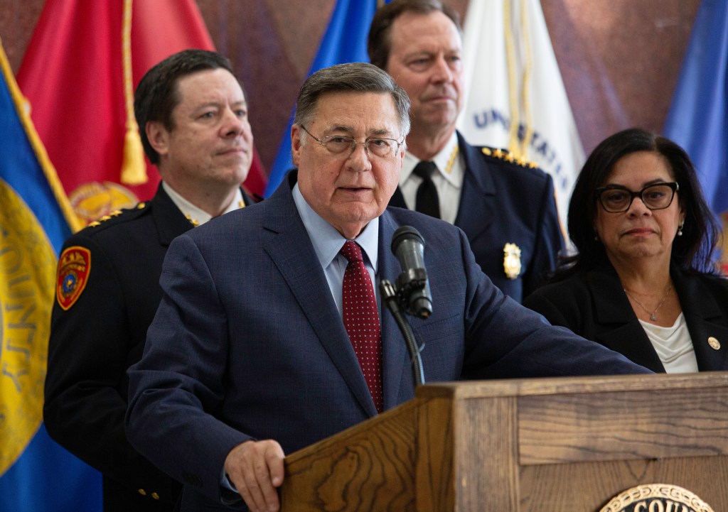 Suffolk County Executive Ed Romaine speaking at a press conference.