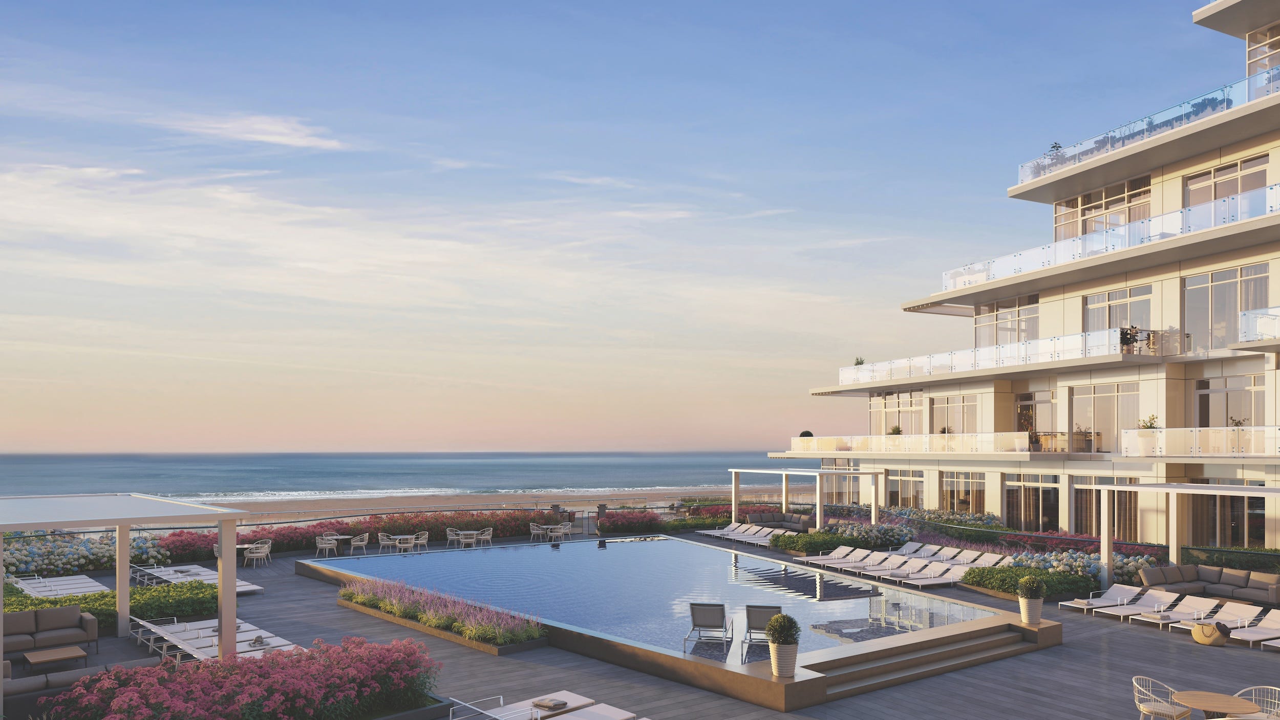 A rendering of an outdoor pool facing the ocean.