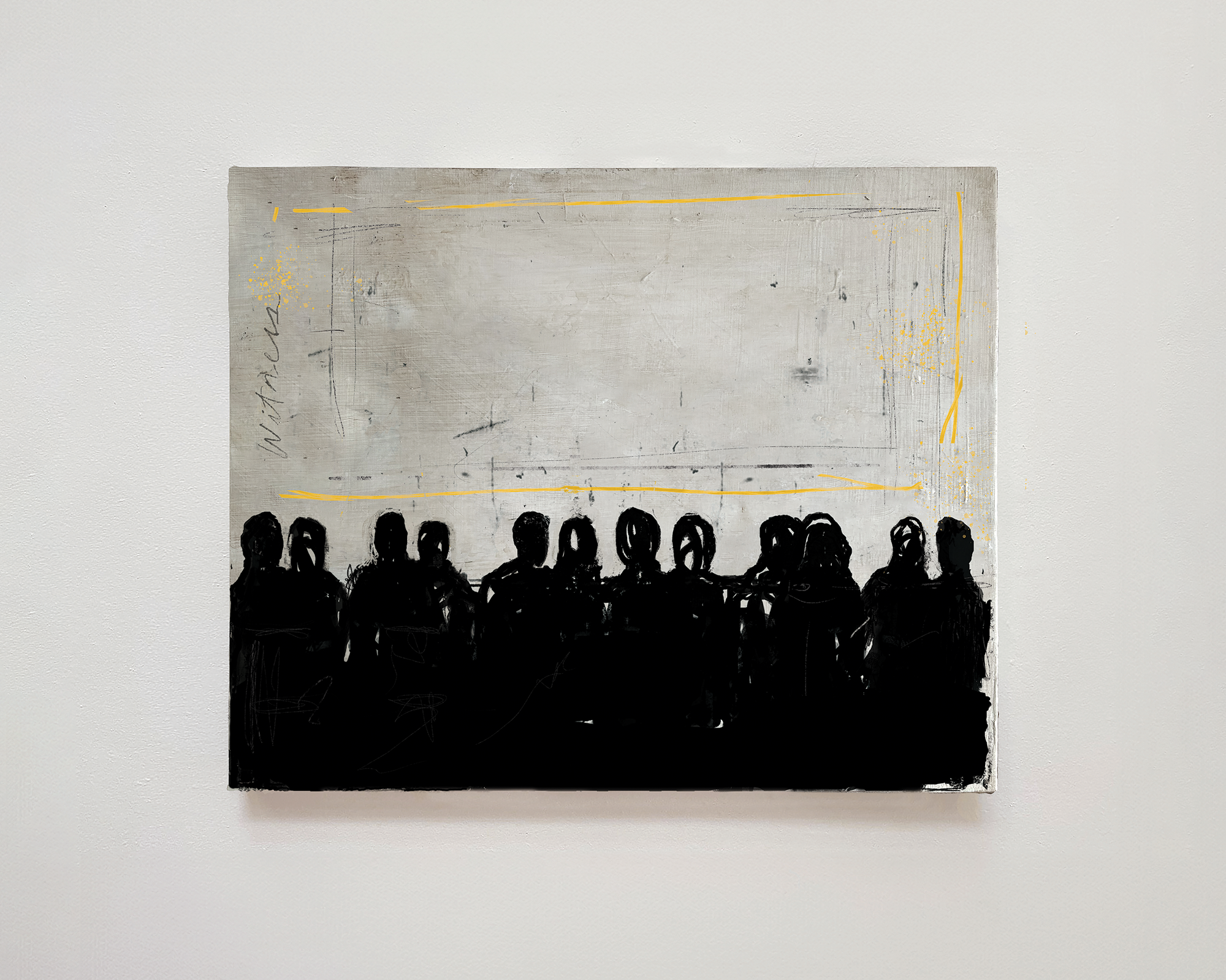 image of painting with silhouettes of people in foreground and abstract yellow rectangle in background with hand-written word 'witness' on left side