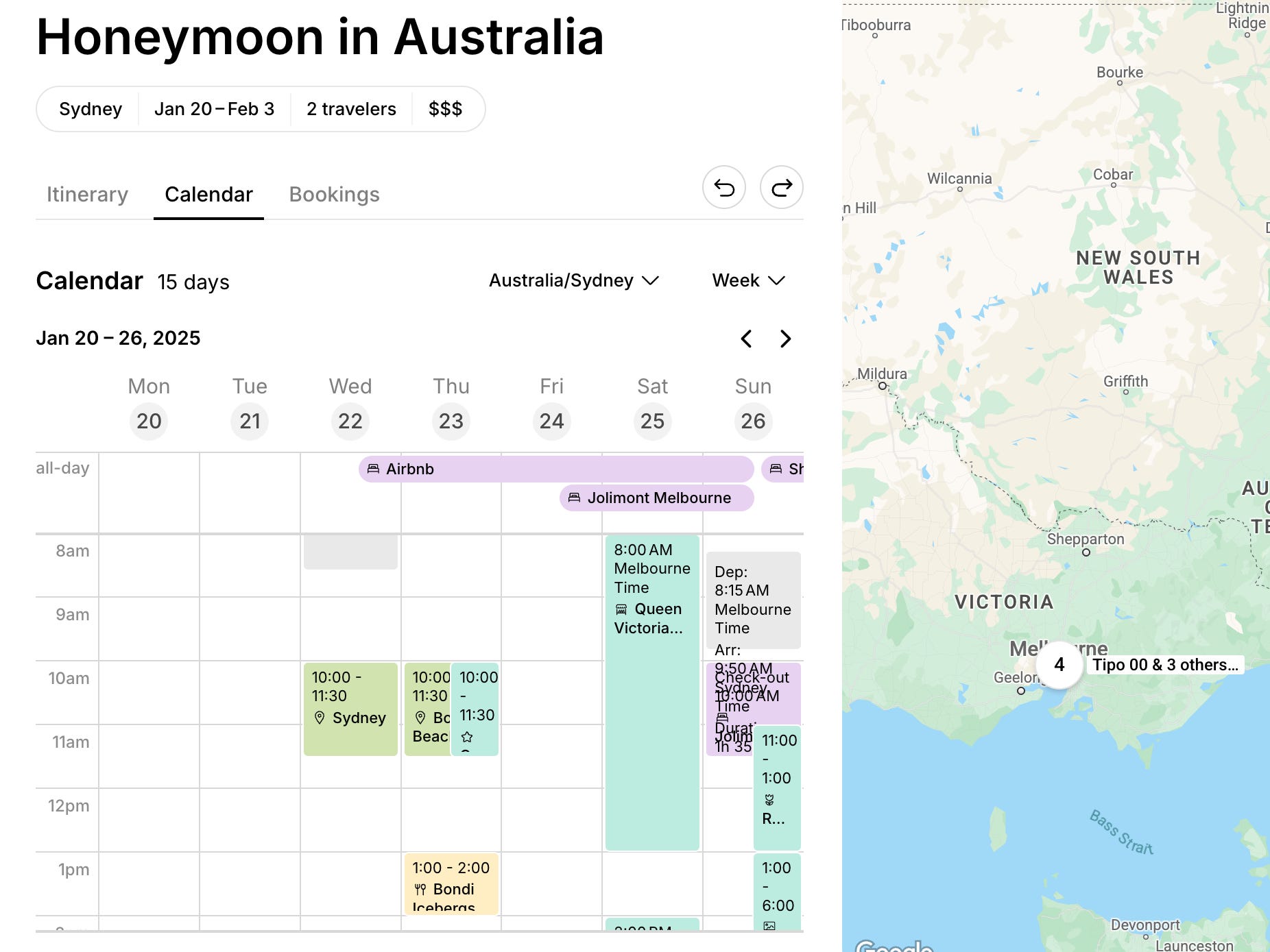 A webpage labeled "Honeymoon in Australia," with a calendar of events and a map of New South Wales.