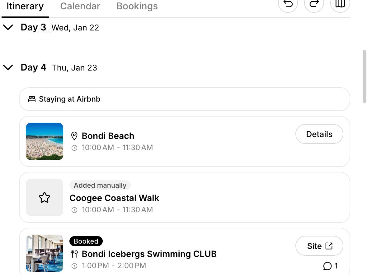 A webpage with an AI chat function and a side panel with a trip itinerary.
