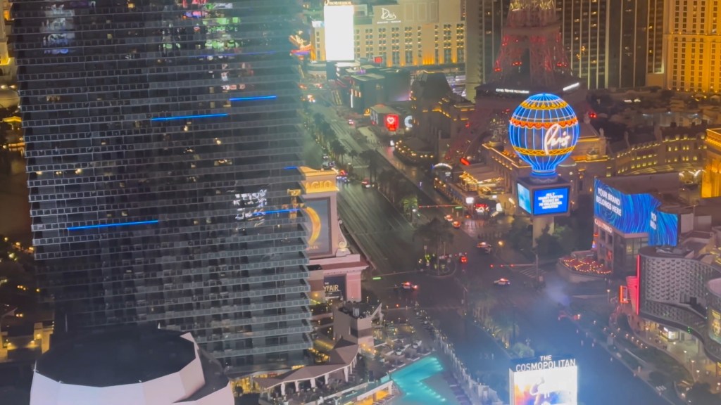 Aerial view of Las Vegas Boulevard closed by police due to a shooting.