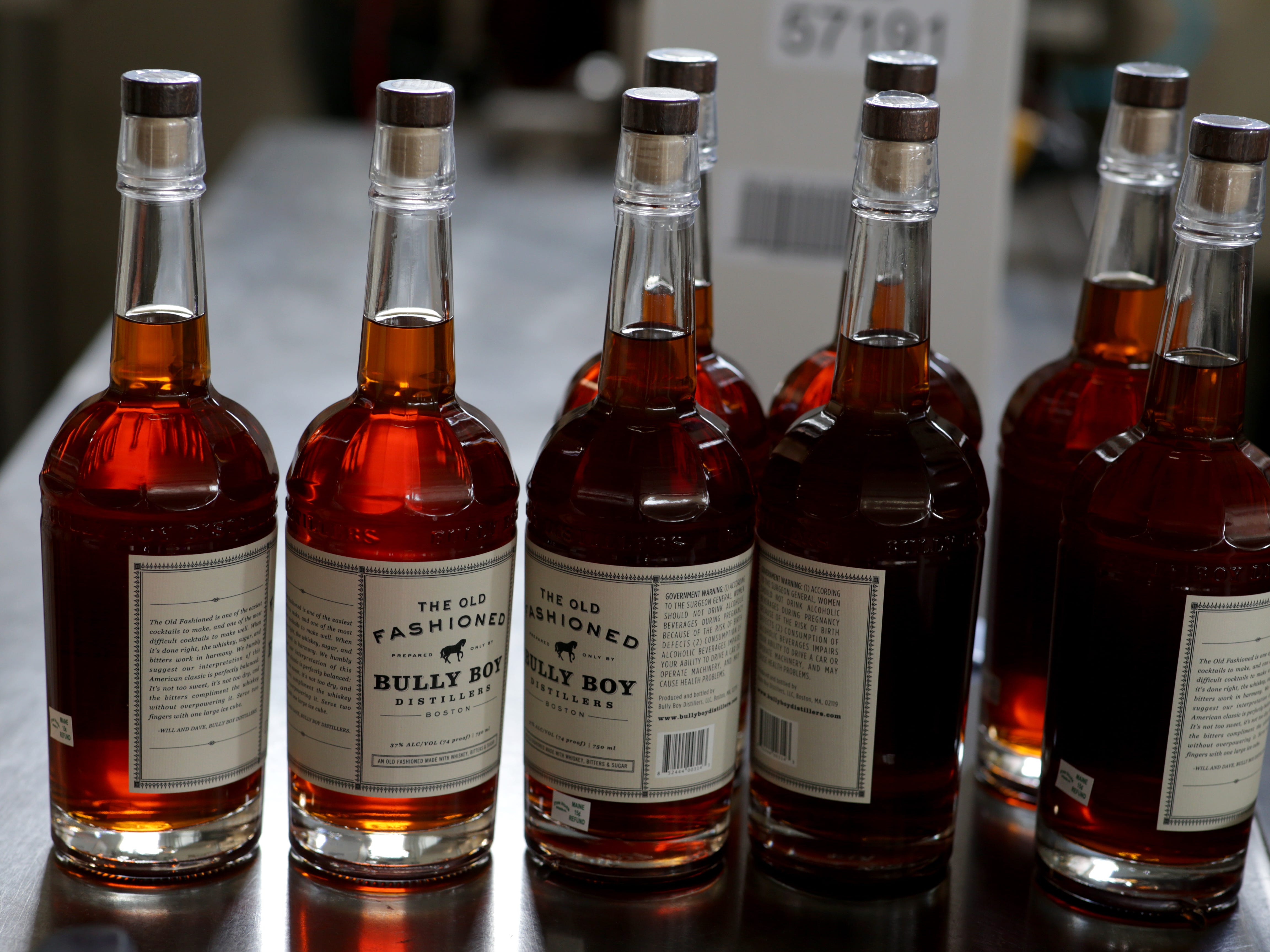 Eight bottles of alcohol at Bully Boy Distillers.