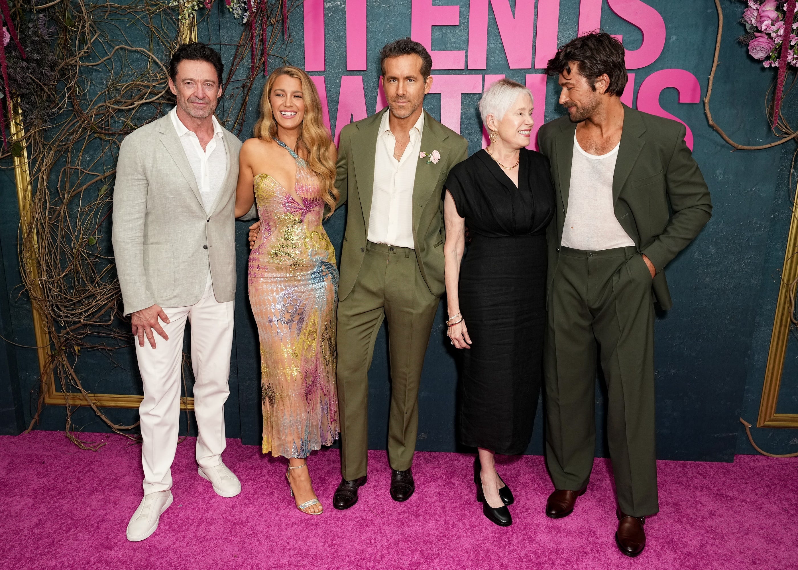 Blake Lively with Hugh Jackman, Ryan Reynolds, Tammy Reynolds, and Brandon Sklenar at the New York premiere of"It Ends With Us."