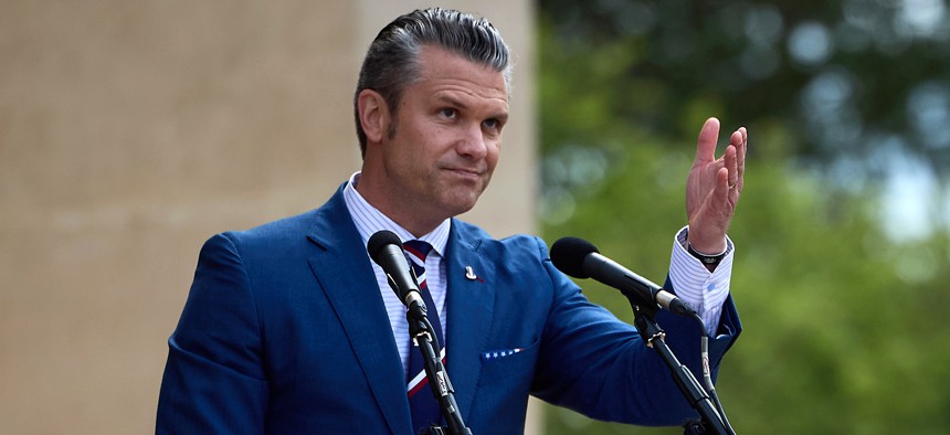 Defense Secretary Pete Hegseth speaks at the Normandy American Cemetery on June 6, 2025, in Colleville-sur-Mer, France.
