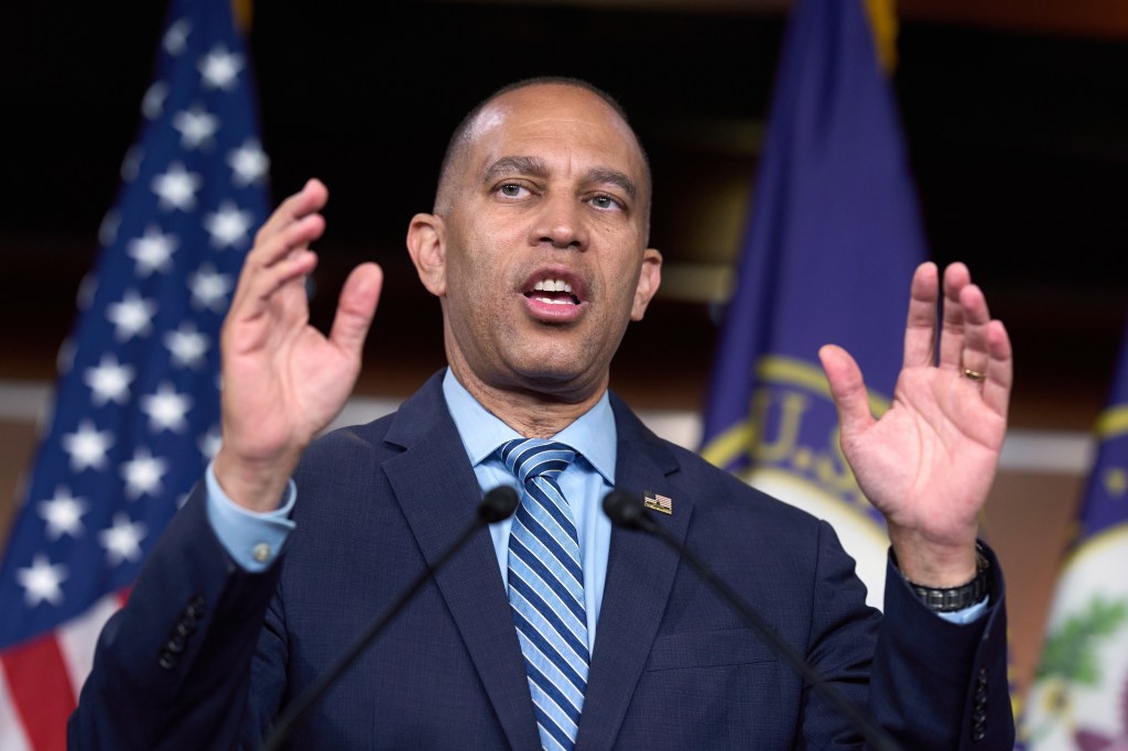 House Minority Leader Hakeem Jeffries, D-N.Y., speaks with reporters about the spending and tax bill embraced by President Donald Trump and Republicans, at the Capitol in Washington, Friday, June 6, 2025.