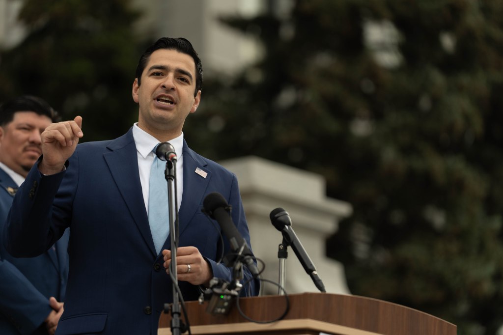 Gabe Evans, R-Fort Lupton, speaks to reporters during a news conference on the steps of the Colorado Capitol in Denver on Thursday, May 29, 2025.