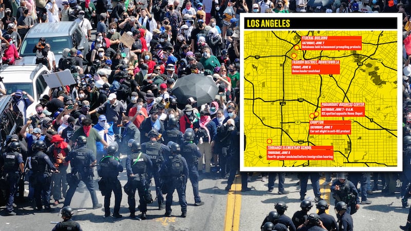 A photo illustration of the Los Angeles ICE raid protests and locator map.