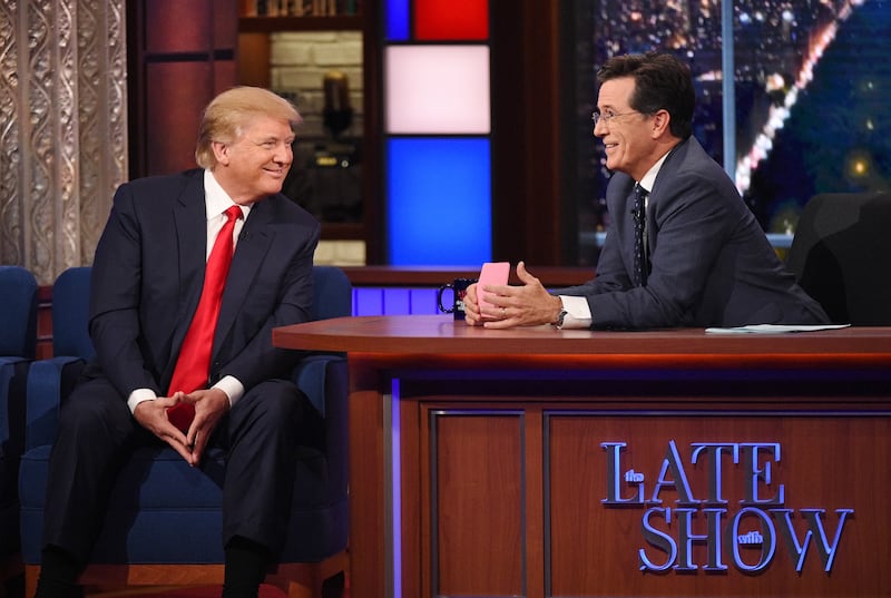 NEW YORK - SEPTEMBER 22: Donald Trump talks about his US Presidential campaign on The Late Show with Stephen Colbert, Tuesday Sept. 22, 2015 on the CBS Television Network. (Photo by Jeffrey R. Staab/CBS via Getty Images)