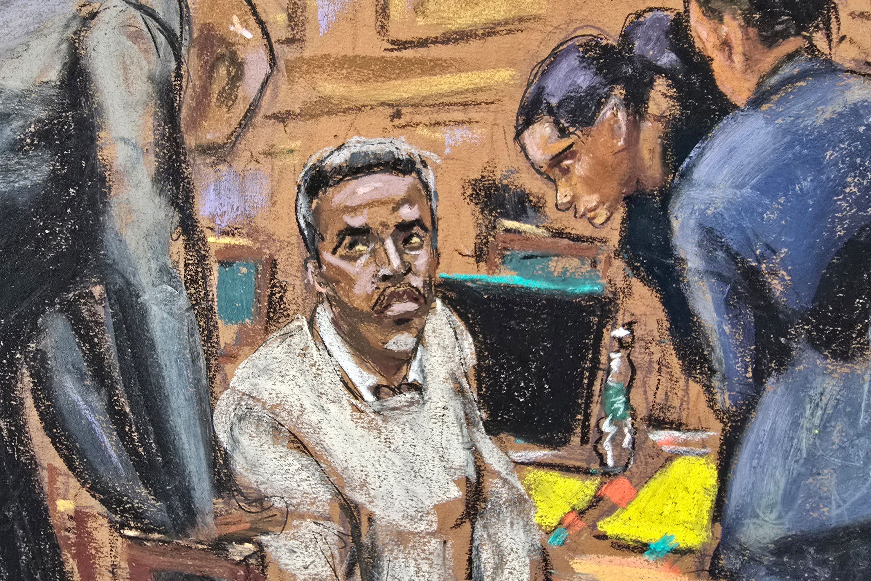 A sketch of Sean Combs in court